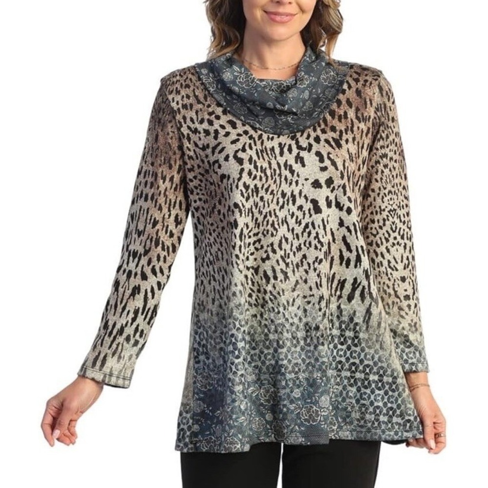 Jess & Jane Tunic Top Womens 3X Blue Brown Leopard‎ Floral Cowl Neck FB4-1747X